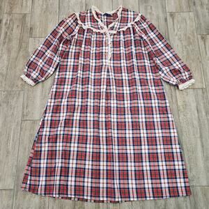 Lanz of Salzburg Red Plaid Flannel Nightgown Women’s L Eyelet Lace Cottagecore